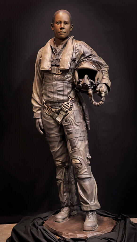 Bronze statue of Shawna Rochelle Kimbrell. Life size bronze sculpture of Shawna Kimbrell. Air Force Bronze sculpture.
